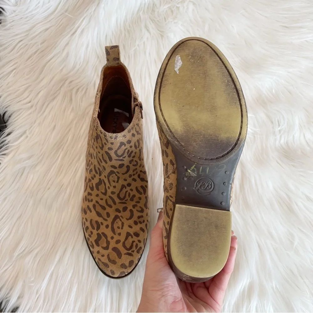 Lucky Brand Bimare Leather Ankle Bootie Javan Natural Leopard Printed Cow Suede